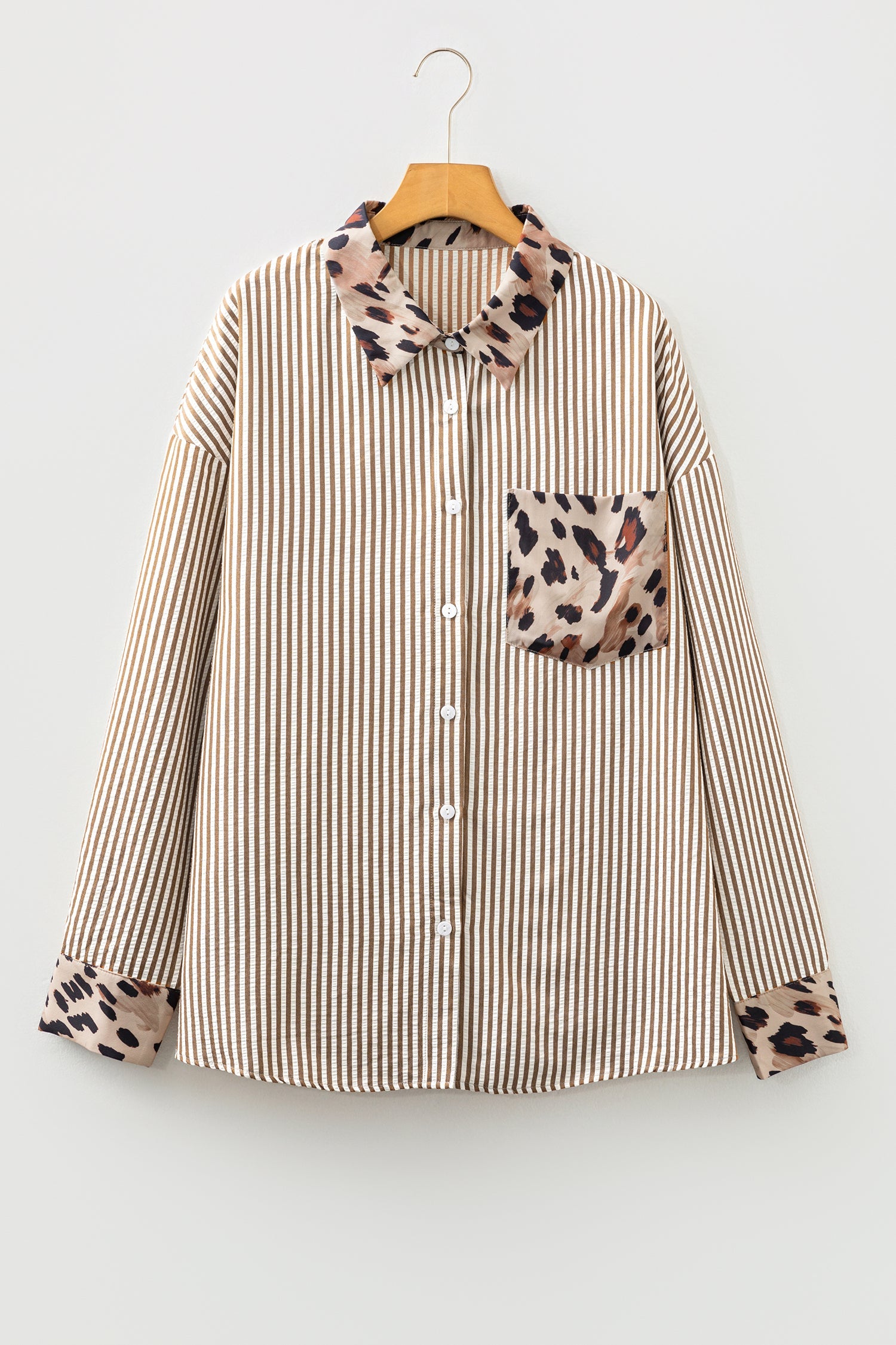 Plus Size Stripe Leopard Chest Pocket Collared Shirt