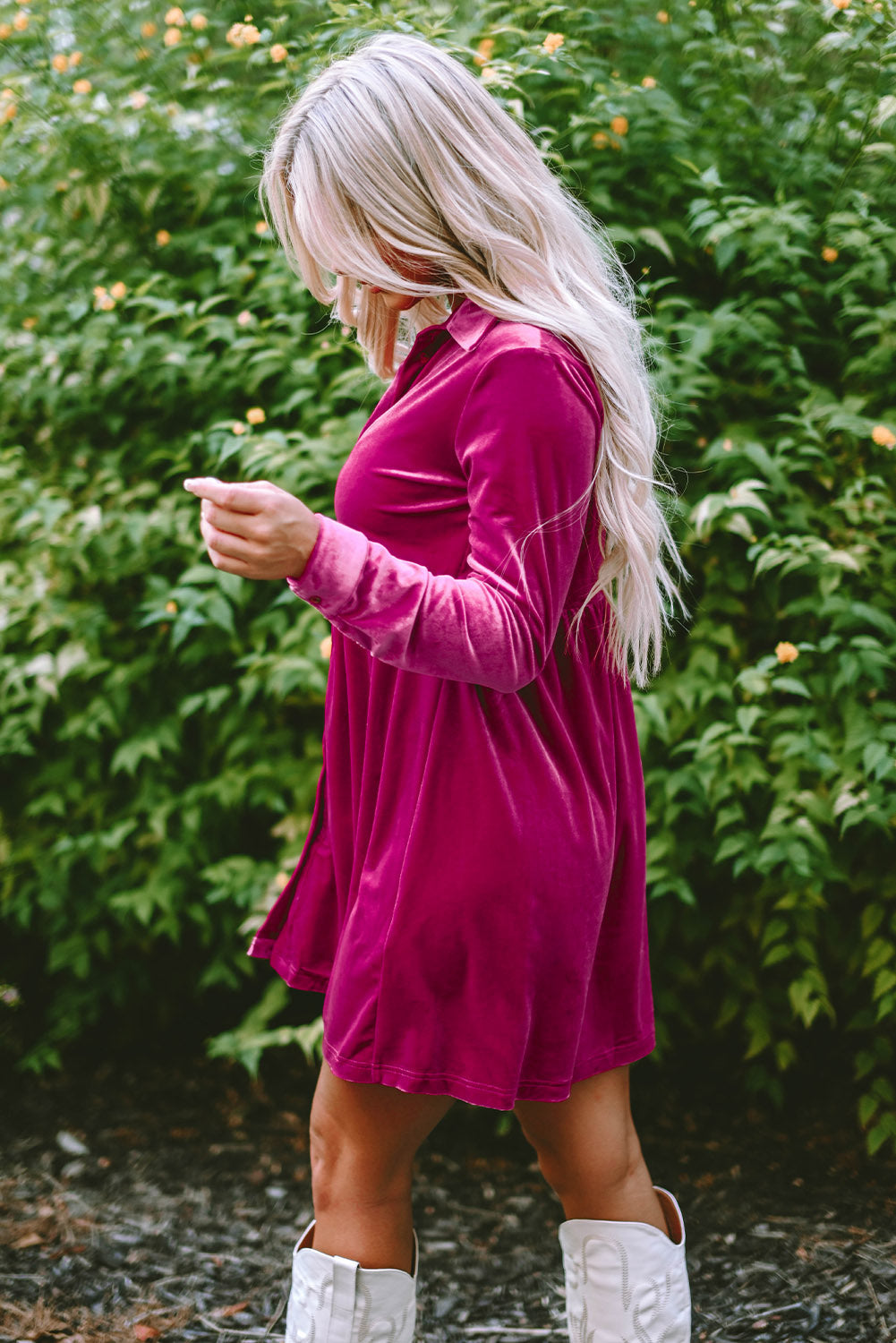 Valentine Velvet Ruffle Buttoned Long Sleeve Dress