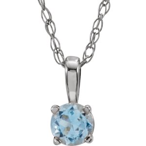 14K White Gold 3 mm Natural Aquamarine Youth Solitaire 14" Necklace