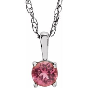 14K White Gold 3 mm Imitation Pink Tourmaline Youth Solitaire 14" Necklace