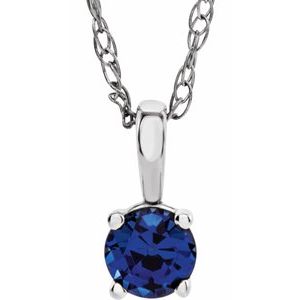14K White Gold 3 mm Imitation Blue Sapphire Youth Solitaire 14" Necklace