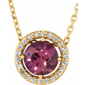 14K Yellow Gold Natural Pink Tourmaline & .05 CTW Natural Diamond Halo-Style 16" Necklace