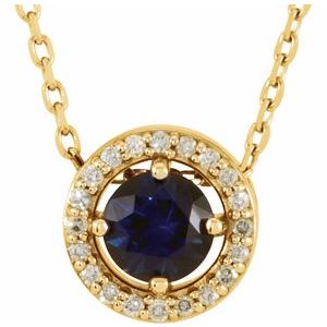 14K Yellow Gold Natural Blue Sapphire & .05 CTW Natural Diamond Halo-Style 16" Necklace