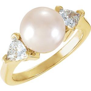 14K Yellow Gold Cultured White Akoya Pearl & 1/3 CTW Natural Diamond Ring