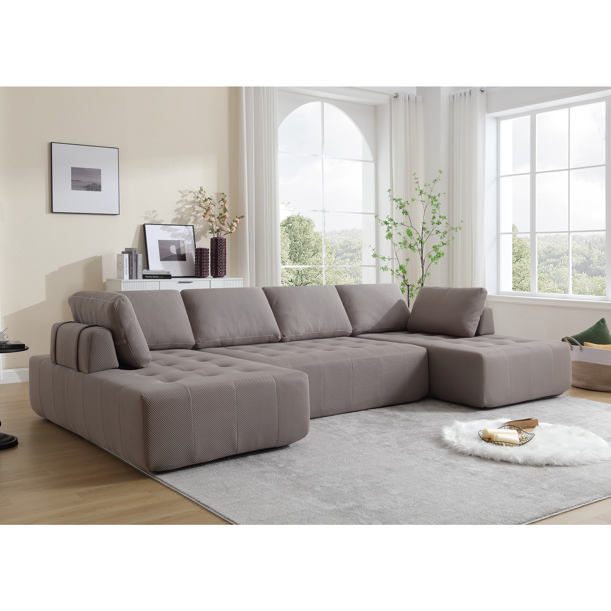 [NEW ARRIVED] [VIDEO PROVIDED]138.5 'Modular Combination Sofa, U-shaped Sofa, Living Room, Apartment, Upholstered ,6-seat Sofa, Free Combination Sofa (Mesh Fabric), Breathable Fabric, Gray