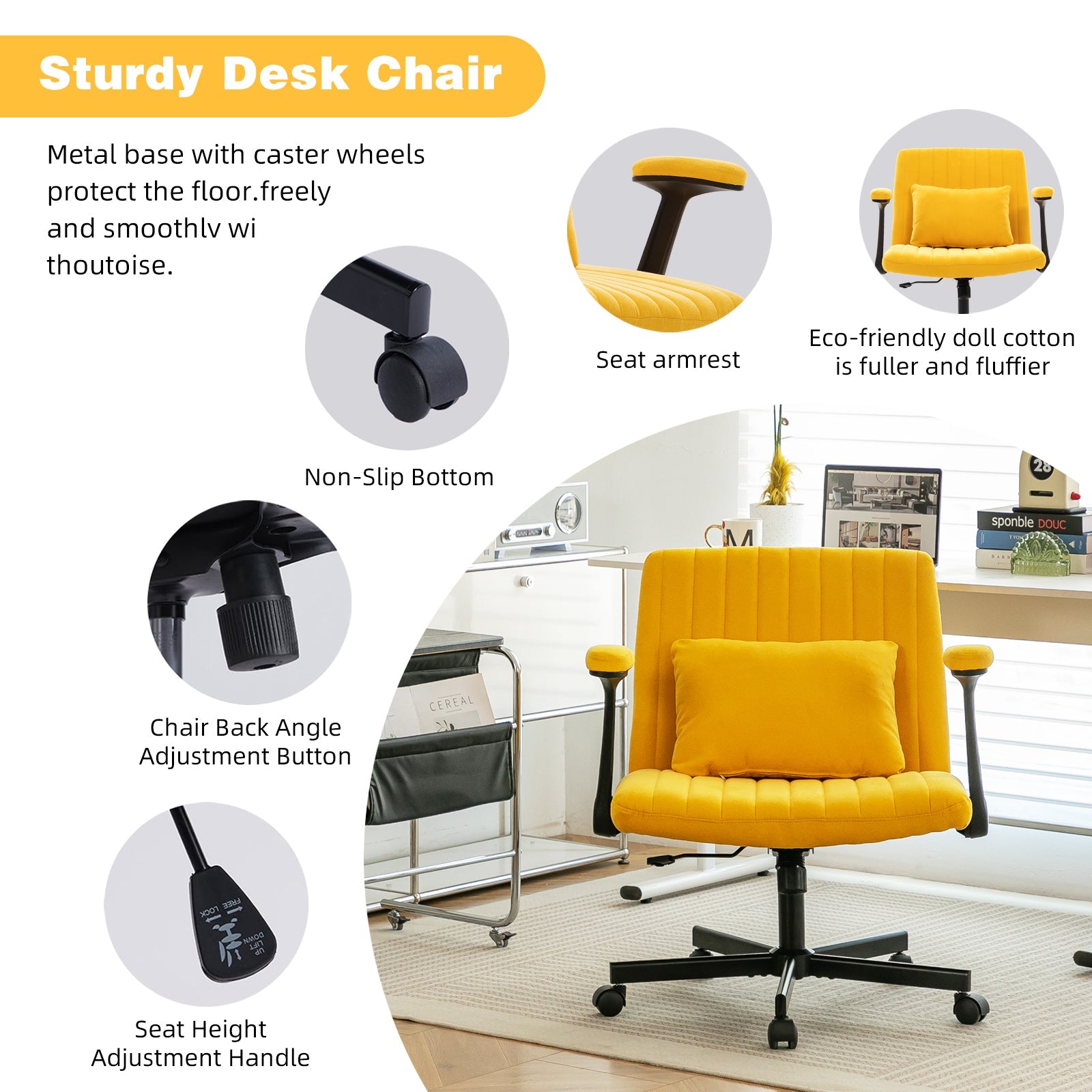 Yellow Linen Criss Cross Armrest Office Chair with Wheels - Ergonomic for Home Office, Work & Study