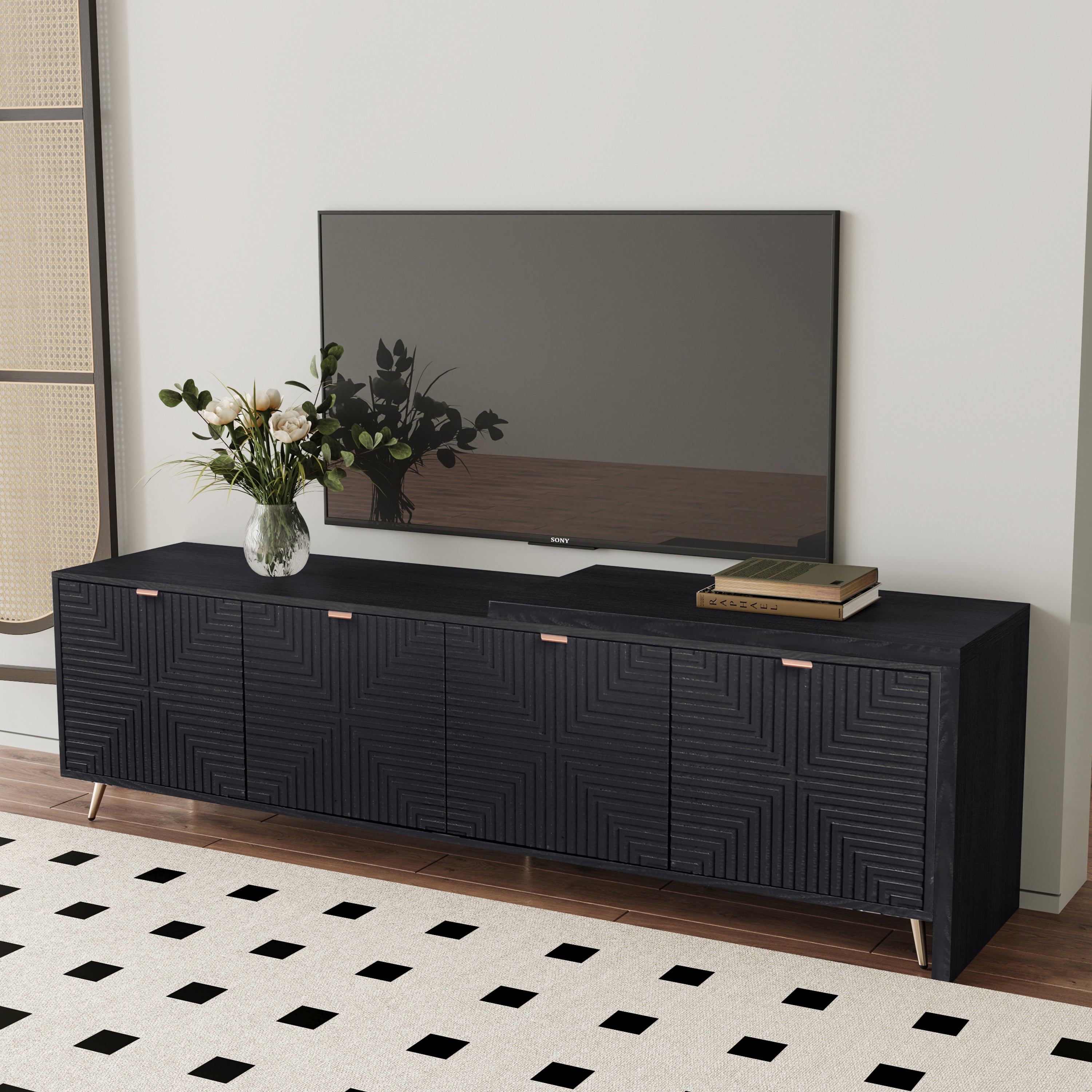 70'-90' Extendable TV Cabinet, Modern Entertainment Center with Storage and Adjustable Shelves, Lacquered and Real Wood Veneered TV Console for Living Room, Hallway, Entryway, Black