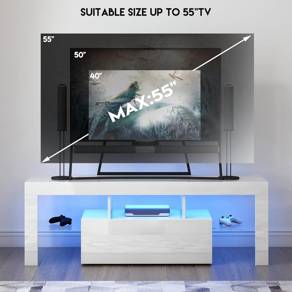 LED TV Stand for Televisions up to 55 Inchs,Modern Entertainment Center with down filp door, Glass shelf and high glossy UV front face, TV Console Table for Living room,Bedroom,White