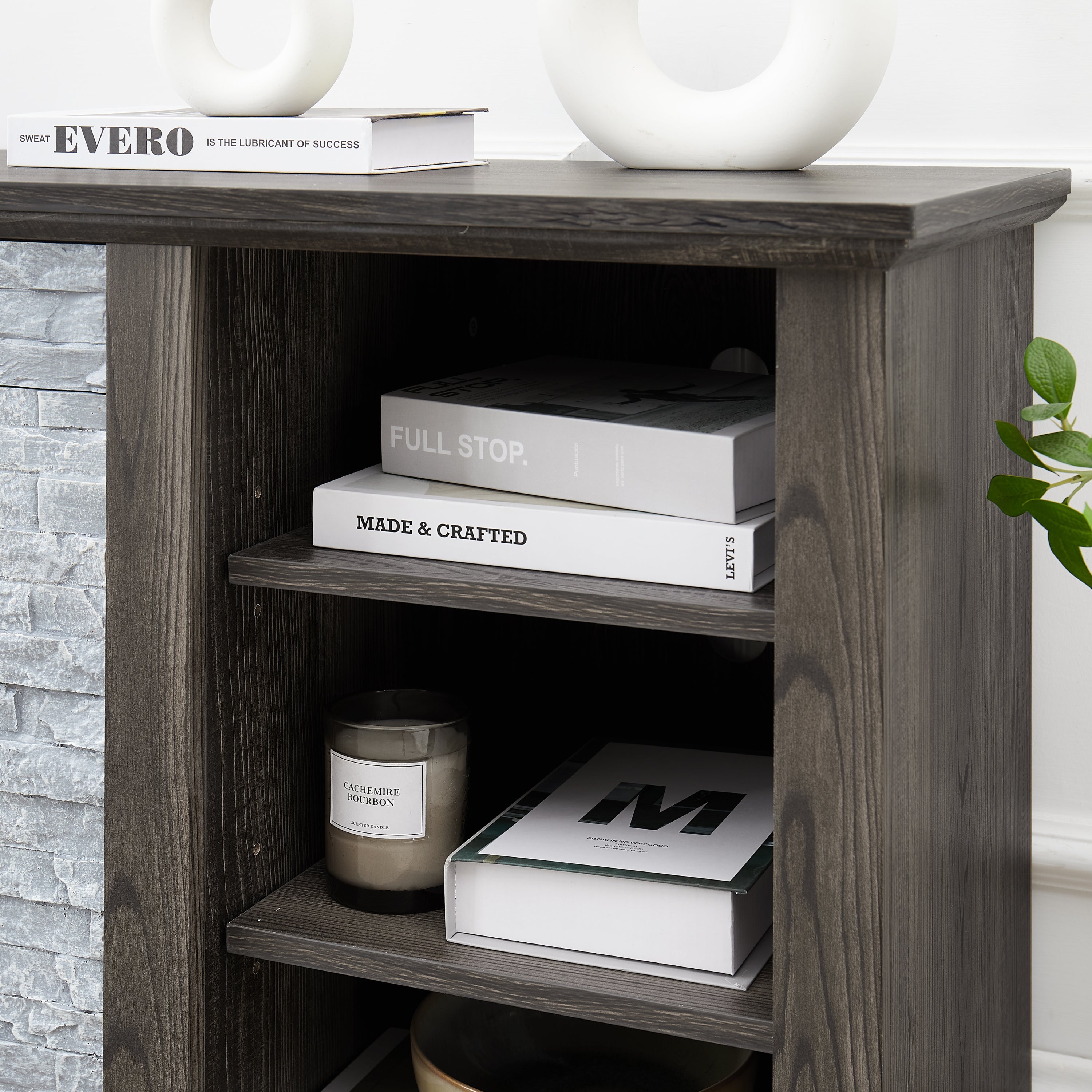 Mantel Stone TV Media Stand with with Faux Stacked Stone Surround, Modern Entertainment Console with Open Storage Space,Grey, 58.31'W*15.39'D*26.06'H