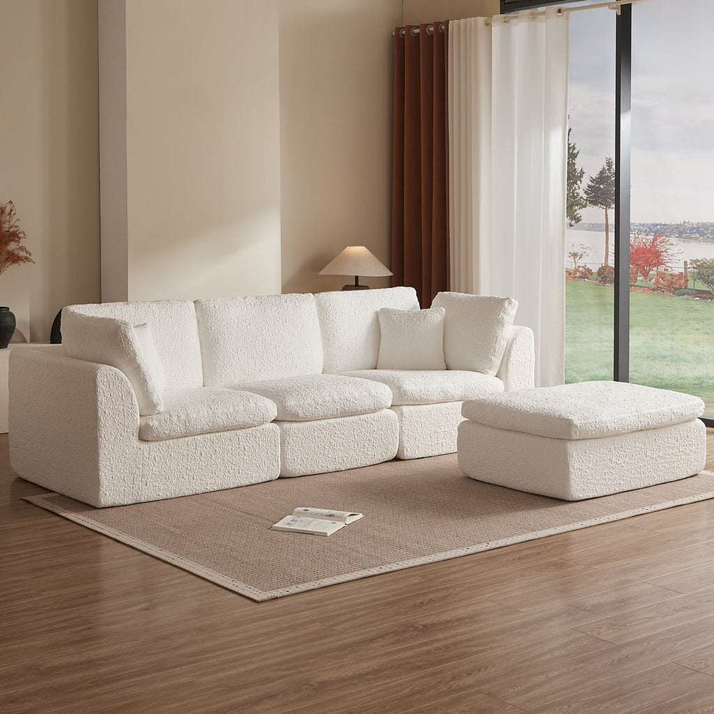 Cloud Style L-Shape Modular Sectional Sofa with Ottoman, 3 Seater Convertible Couch in Warm White, Chenille Fabric, 110' Width