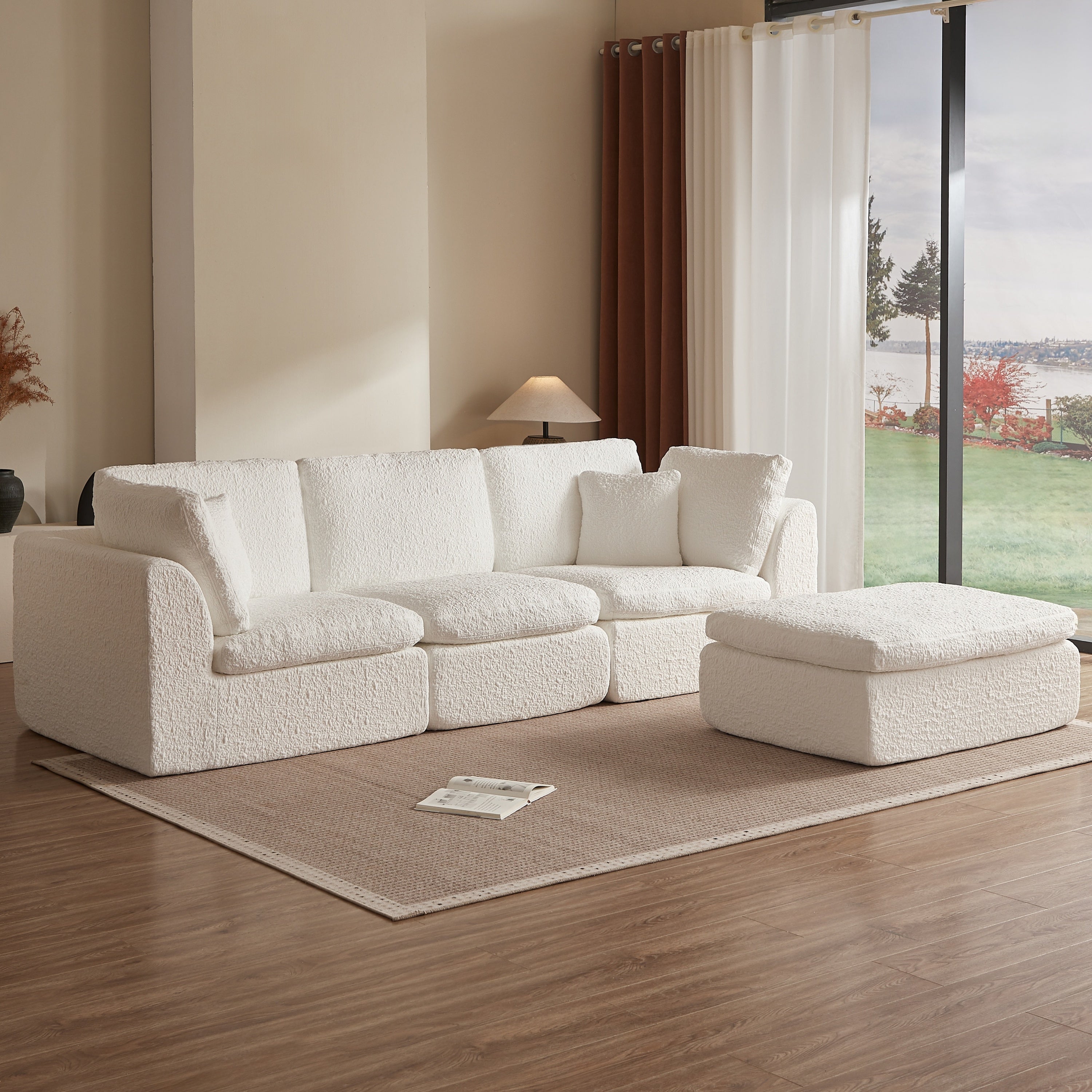 Cloud Style L-Shape Modular Sectional Sofa with Ottoman, 3 Seater Convertible Couch in Warm White, Chenille Fabric, 110' Width