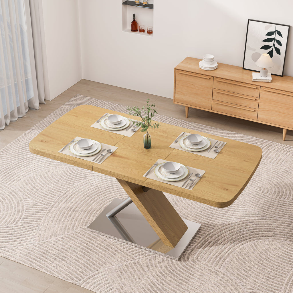 47.25 '-63' Dining Table, Original Wood Color, Seating 4-6 People, Retractable Table, Cross Metal Base and Stainless Steel Tubing(Natural)