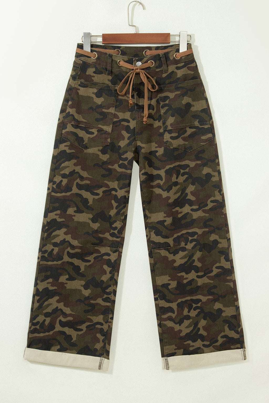 Camo Retro Grommet Tie Waist Loose Jeans