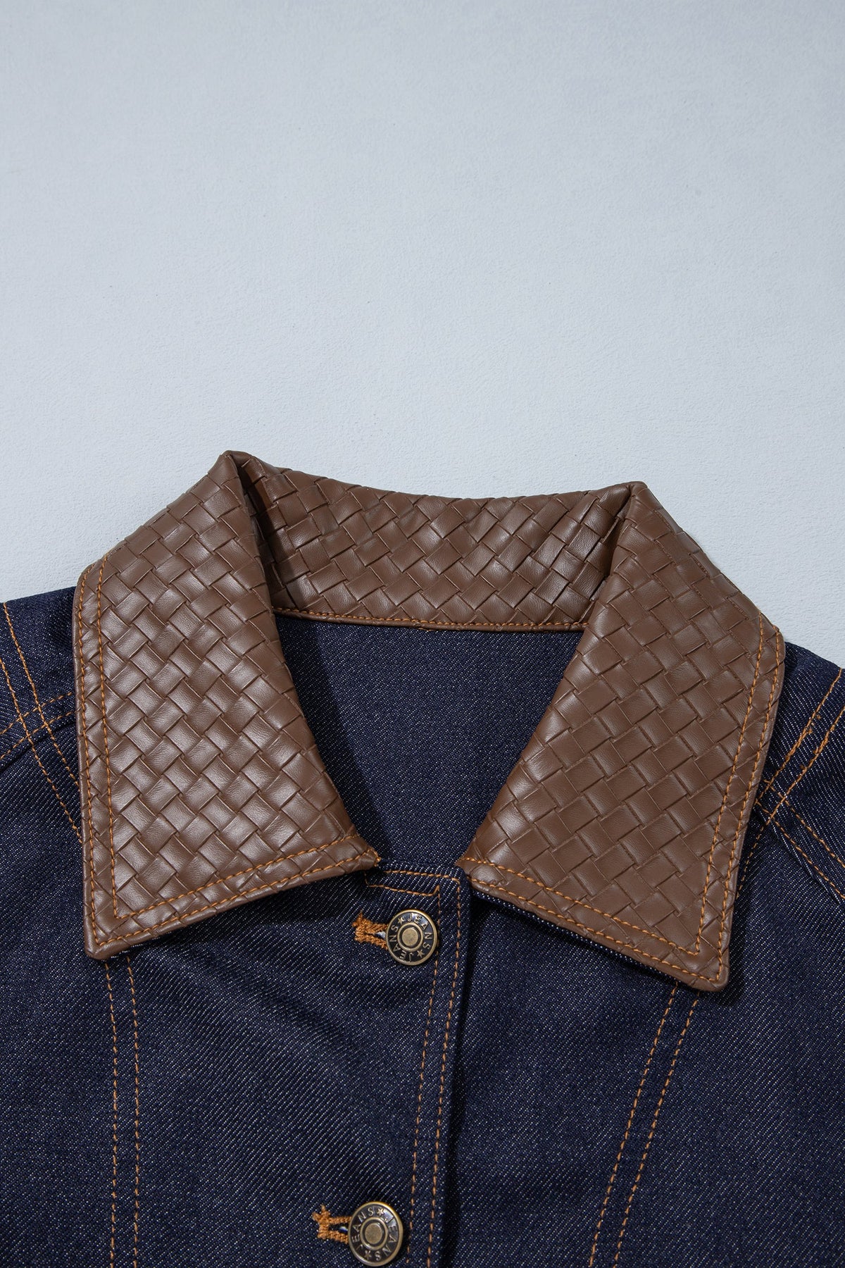 Faux Leather Contrast Collar Buttoned Denim Jacket