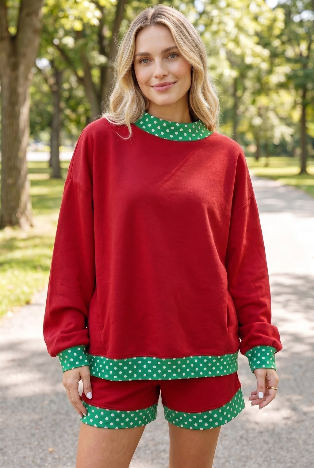 Polka Dot Contrast Trim Sweatshirt & Shorts Set
