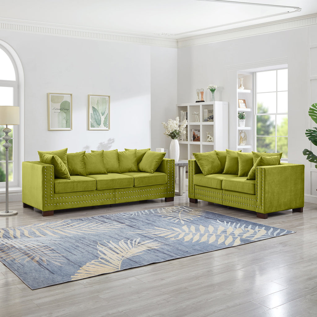 Modern Design Living Room Sofa 2+3 Seater Square armrest with Silver Nails Decoration Upholstered Velvet Couch Green