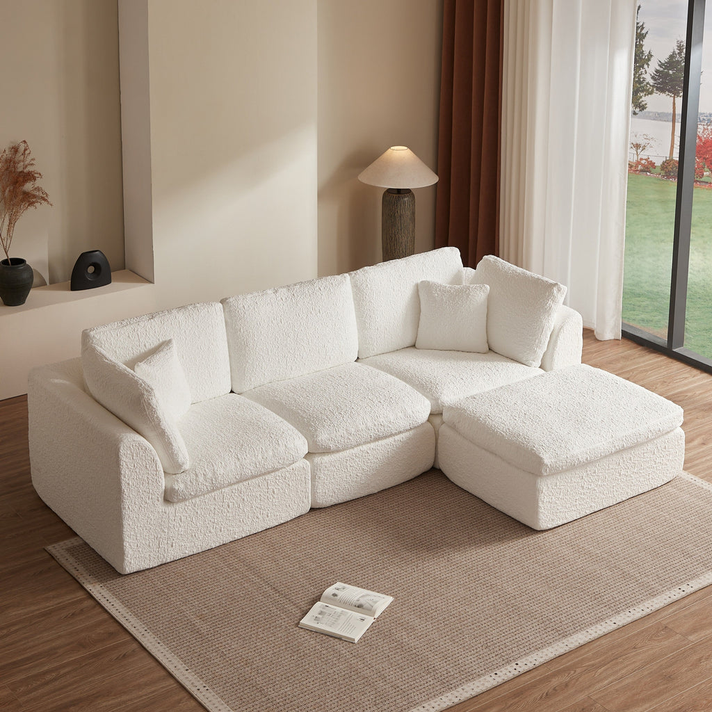 Cloud Style L-Shape Modular Sectional Sofa with Ottoman, 3 Seater Convertible Couch in Warm White, Chenille Fabric, 110' Width