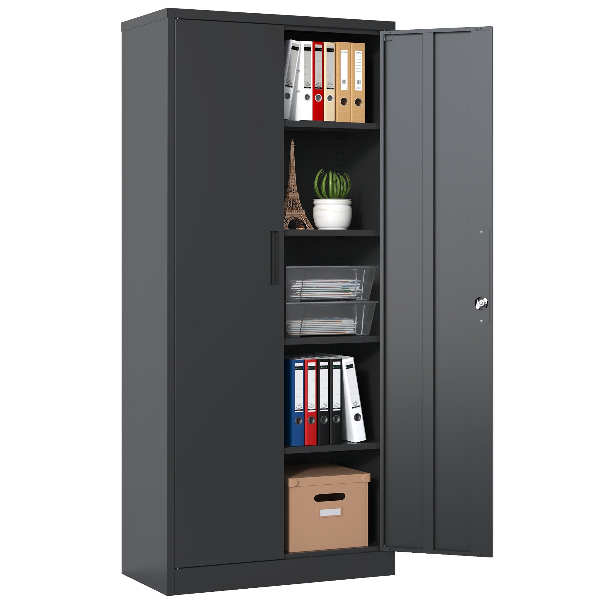Heavy Metal 72'H Garage Storage Cabinet with Locking Doors, Black Steel, Adjustable Shelves
