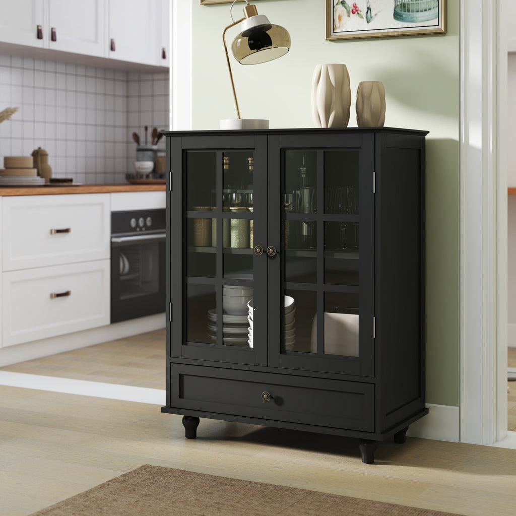 Minimalist Buffet Cabinet with Double Glass Doors and Drawer, Modern Wooden Storage Sideboard in Black