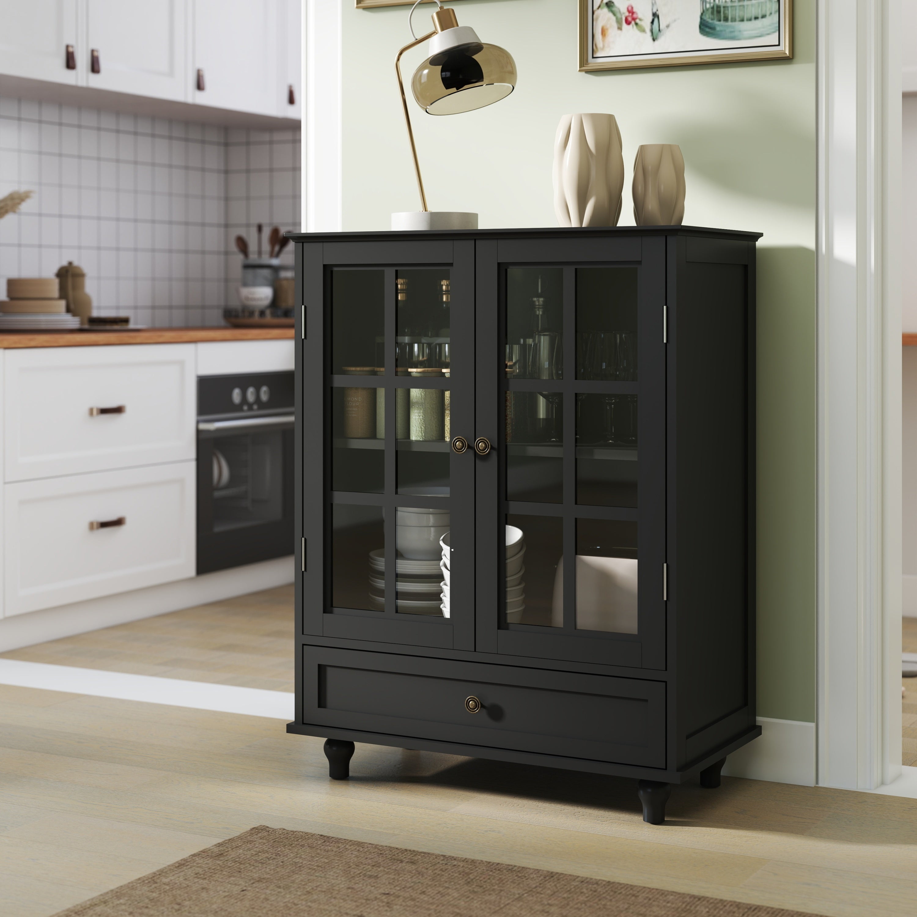 Minimalist Buffet Cabinet with Double Glass Doors and Drawer, Modern Wooden Storage Sideboard in Black