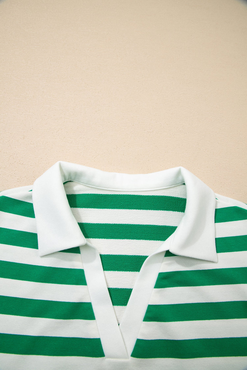 Stripe Collar V-Neck Ruffle Short Sleeve Blouse