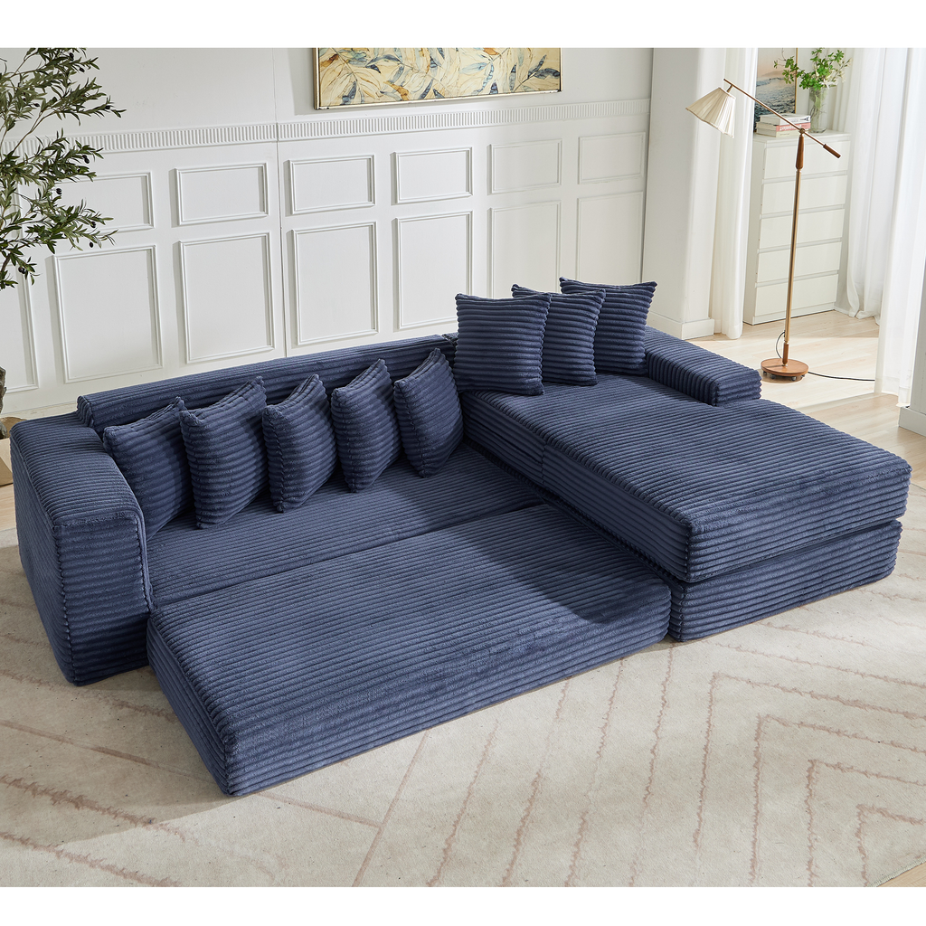 [NEW ARRIVED] [VIDEO PROVIDED] Oversize Cloud Sectional Couch, L-Shape Sofa, Convertible Floor Sleeper Sofa Bed, No Assembly ,Eight pillows,3-in-1,Magazine bag,(Right Facing Sofa),3 Seat,Corduroy,Blue