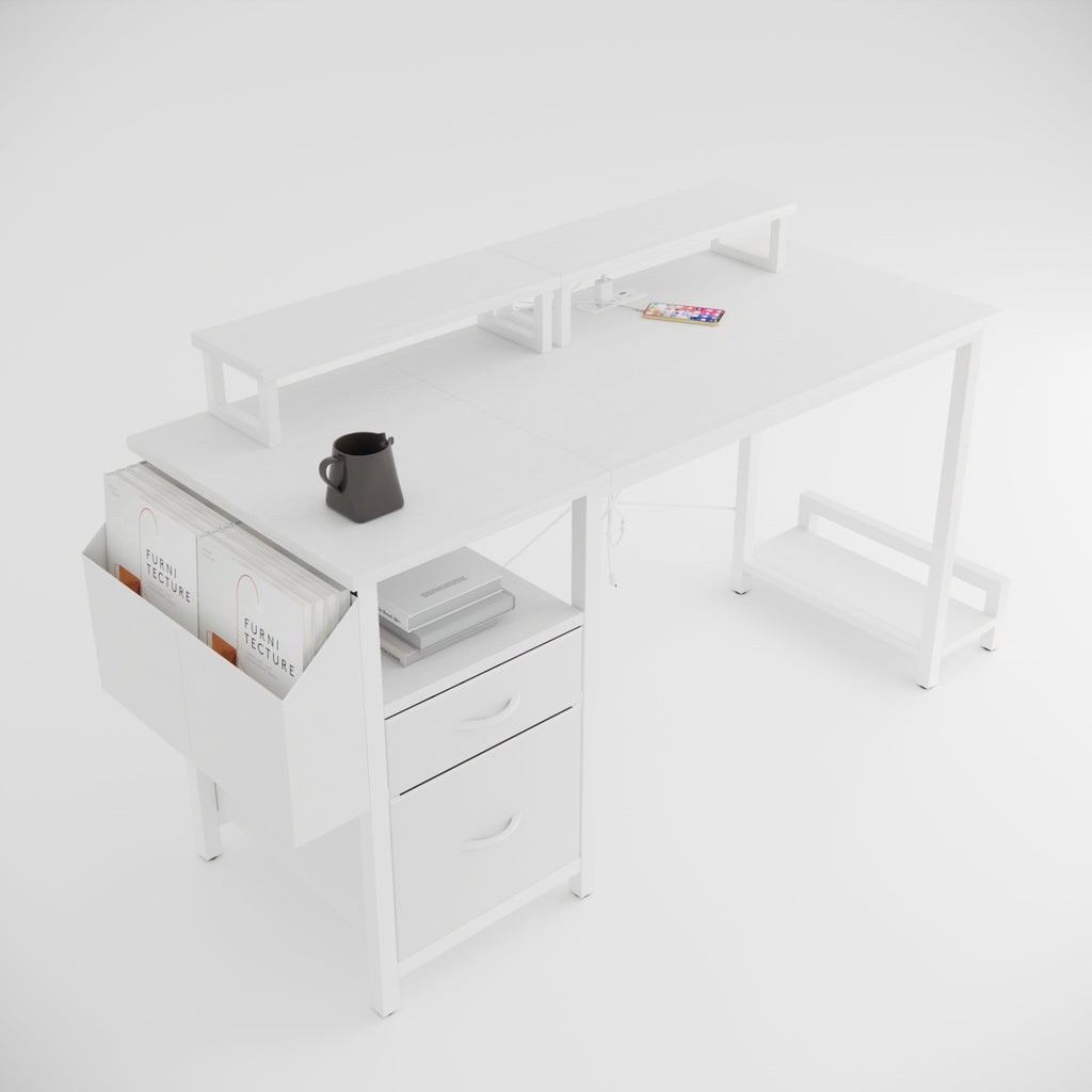 47.3'office desk with power outlet,2 Monitor Stands,2 drawers,Side Pocket,Easy to Assemble,Frame stability Reversible,use for home desk, computer desk, game table,White