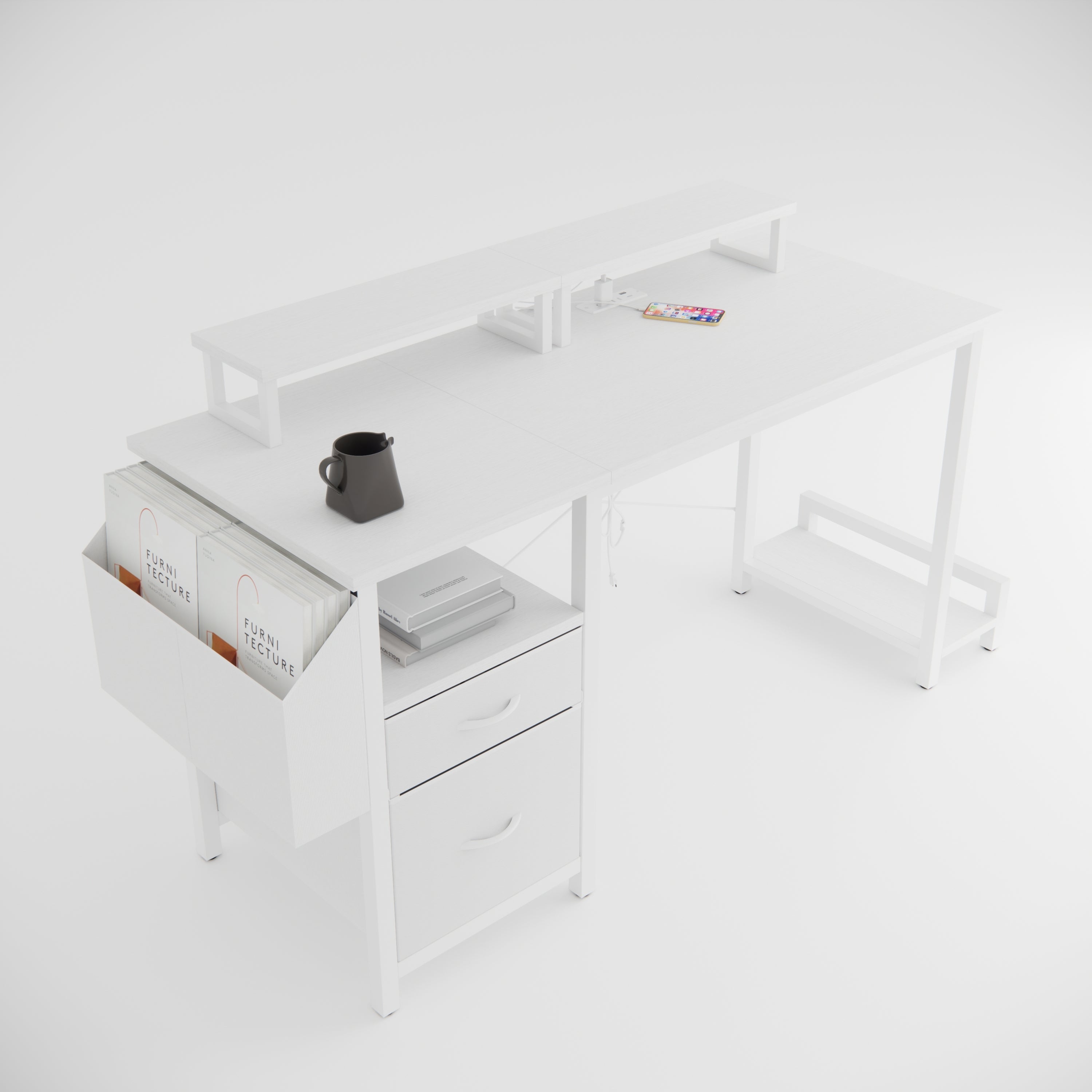 47.3'office desk with power outlet,2 Monitor Stands,2 drawers,Side Pocket,Easy to Assemble,Frame stability Reversible,use for home desk, computer desk, game table,White