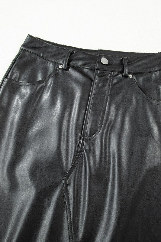 Solid Faux Leather Side Slit Maxi Skirt
