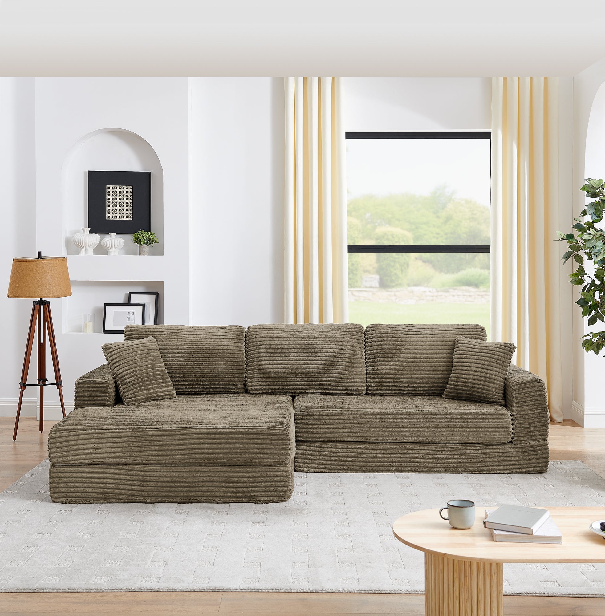 Left sofa seat,L shape Modular Sectional Sofa, Compressed Sectional Sofa Modern Minimalist Style Corduroy Couch,Unfold into a bed, Bedroom, Comfy Compressed Sofa Couch Space-Efficient Design-Brown