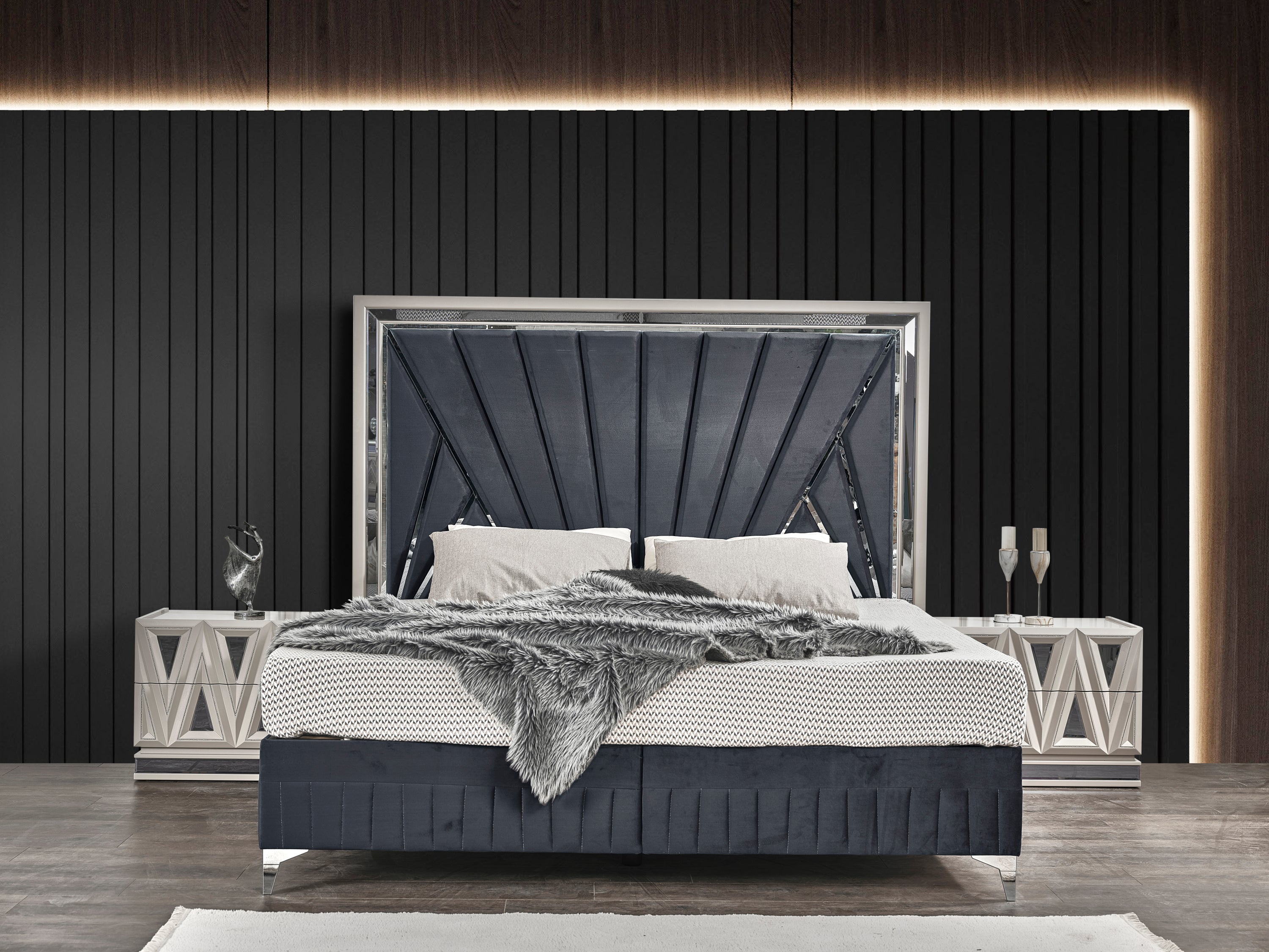 Lavita Modern & Contemporary Style 5 Pc King Upholstered Bedroom Set Made with Wood and Gold Accents in River Sand Grey (NJ Inventory)