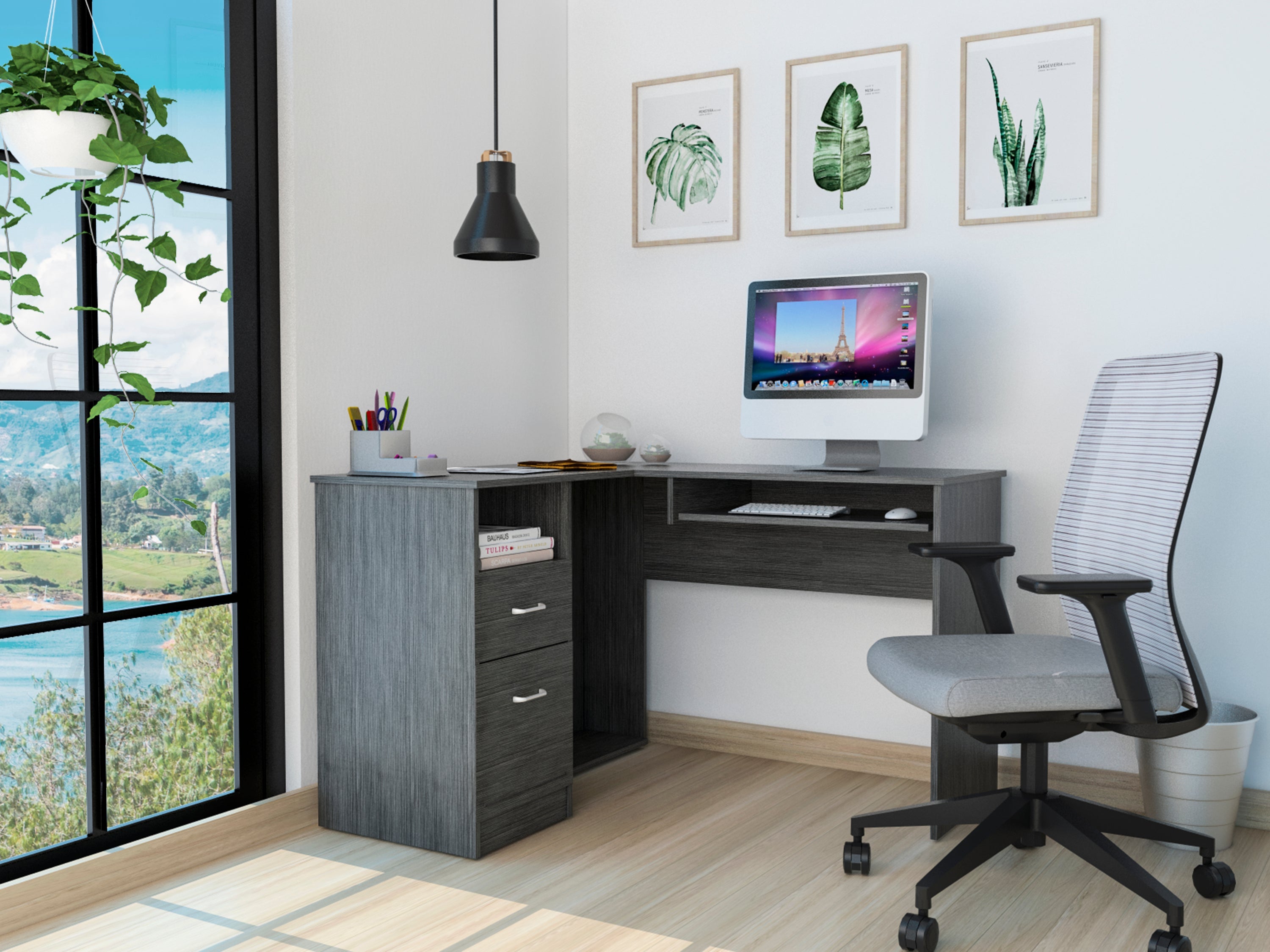 Raleigh L-Shaped Desk, Two Drawers, One Shelf, CPU Storage