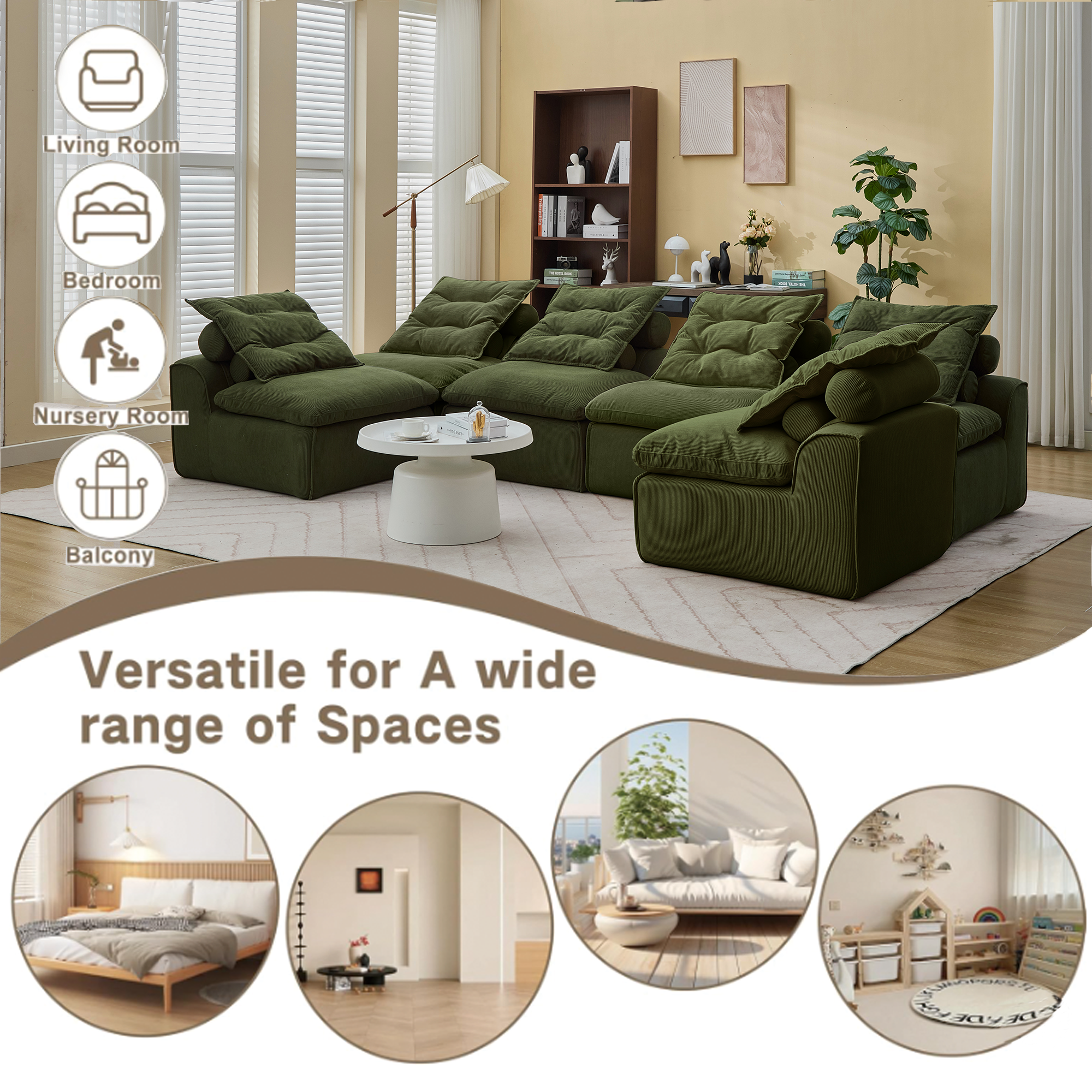 [NEW ARRIVED] [VIDEO PROVIDED]Modular Sofa,No Armrests,At will DIY,Corduroy ,Neck Pillow-Back Lounge Sofa Chair,Reading Nook, or Apartment Living, Lumbar Pillow,6 Seats,Upholstered,Green