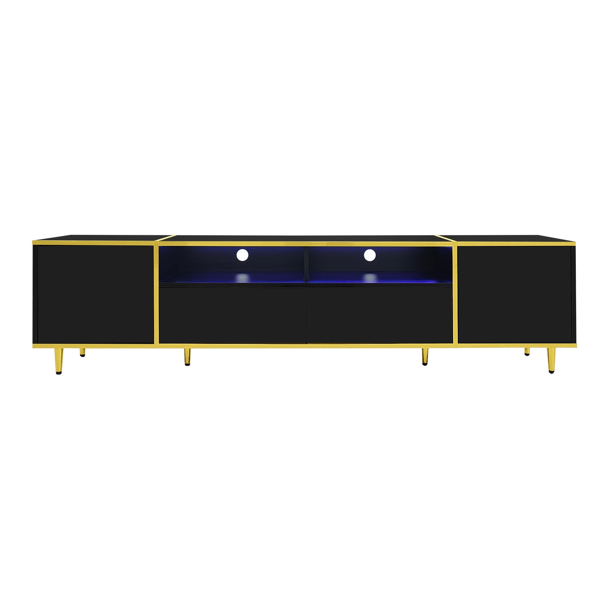 U-Can 70.9'' Modern TV Stand for TVs up to 80 Inches, Entertainment Center with 2 Shelves and LED Lights, TV Storage Cabinet with 2 Drawers, 2 Cabinets and Metal Legs for Living room