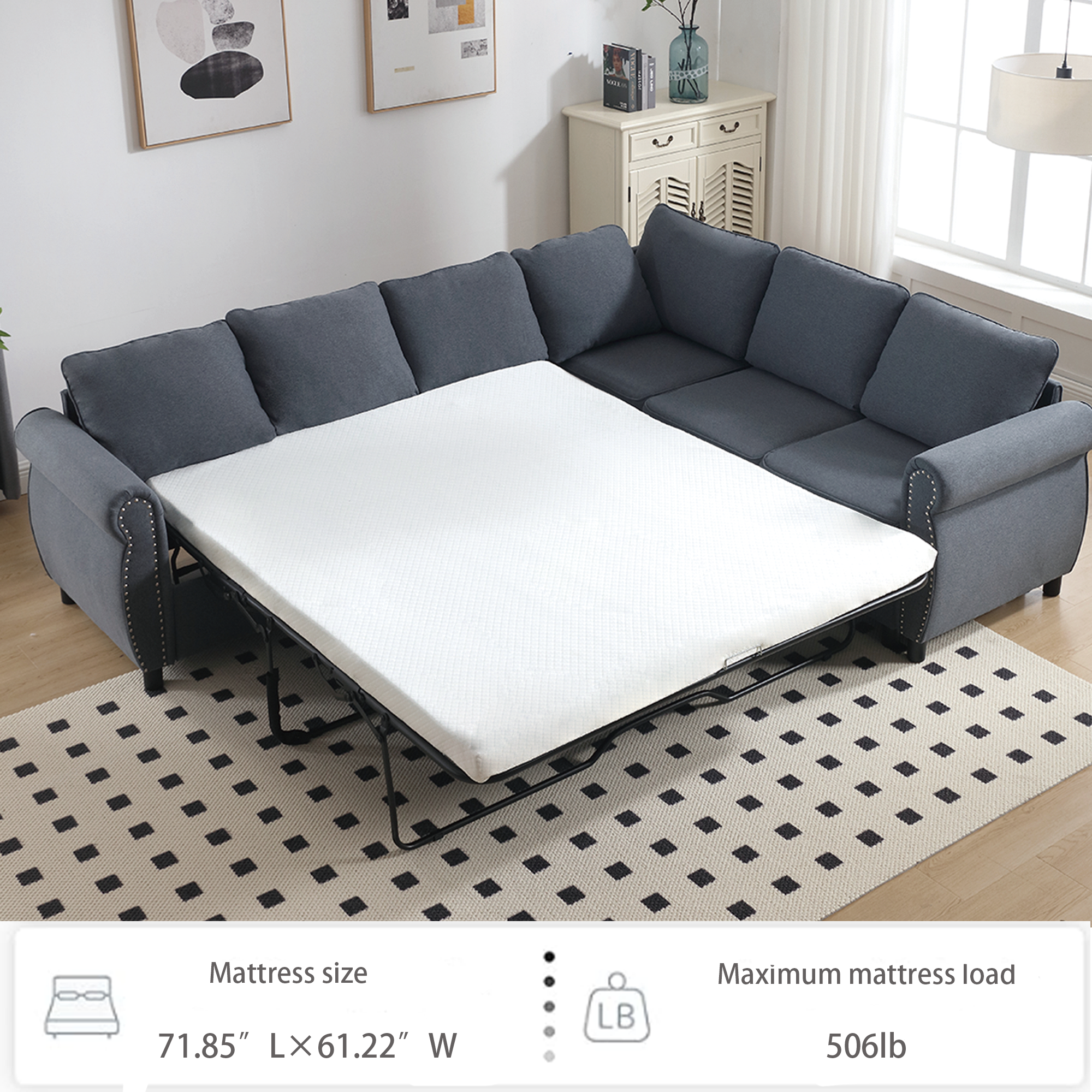 [NEW ARRIVED] [VIDEO PROVIDED] Sleeper Sofa, 2 in 1 Pull Out Couch Bed,6 seater sofa bed, L Shaped Sleeper Sectional Sofa Couch,Riveted sofa,104'' Large combined sofa Bed in living room, GRAY