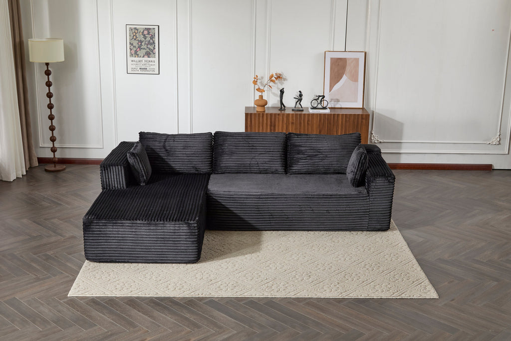 Compression Sectional Couch with Comfy Chaise, Boneless L Shape Sofa with Deep Seat, Minimalist Modular Couches Sleeper for Living Room Bedroom Apartment Lounge,corduroy,Black