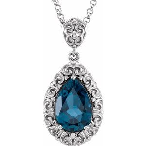 14K White Gold Natural London Blue Topaz Sculptural 18" Necklace