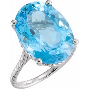 14K White Gold 18x13 mm Oval Natural Swiss Blue Topaz Rope Ring
