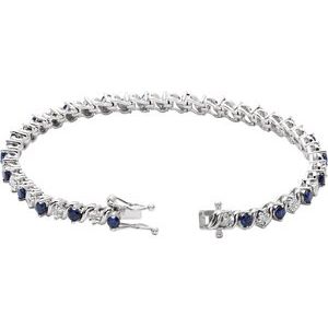 14K White Gold Lab-Grown Blue Sapphire & 1/10 CTW Natural Diamond Line 7" Bracelet