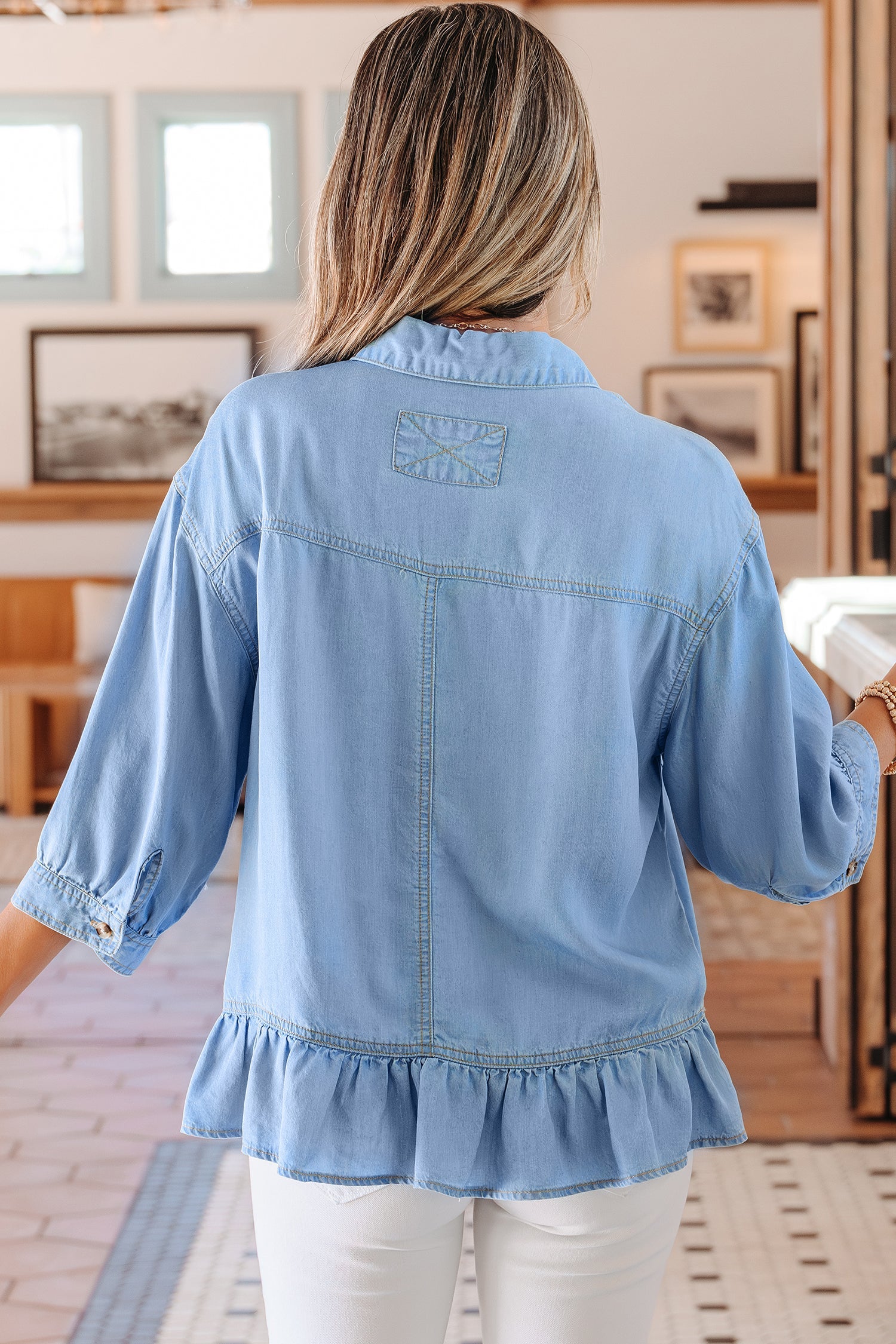 Denim Chambray Ruffle 3/4 Sleeve Buttoned Shirt