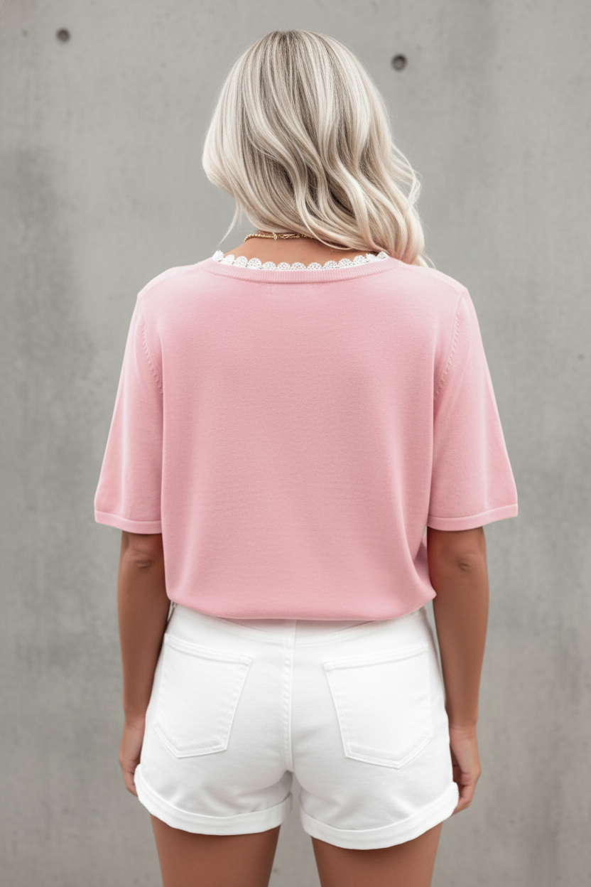 Lacy V-Neckline Short Sleeve Sweater