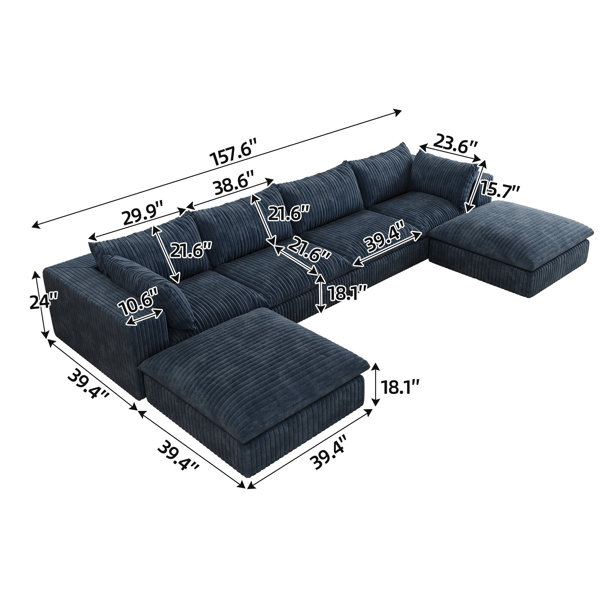 157.6'Cloud Sofa,Corduroy Fabric,Deep Seat Couches,Double-layer design,Removable  Cushion,No Assembly,DIY Combination for Living room, Bedroom,Conference room ,Apartment,Blue