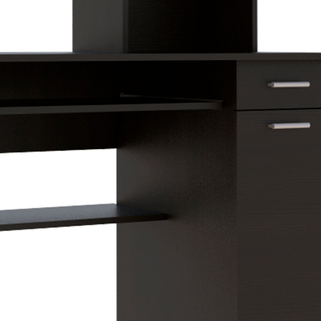 Compu 180 Hutch Desk, Multiple Shelves, Keyboard Tray, CPU anel, One Drawer -Black