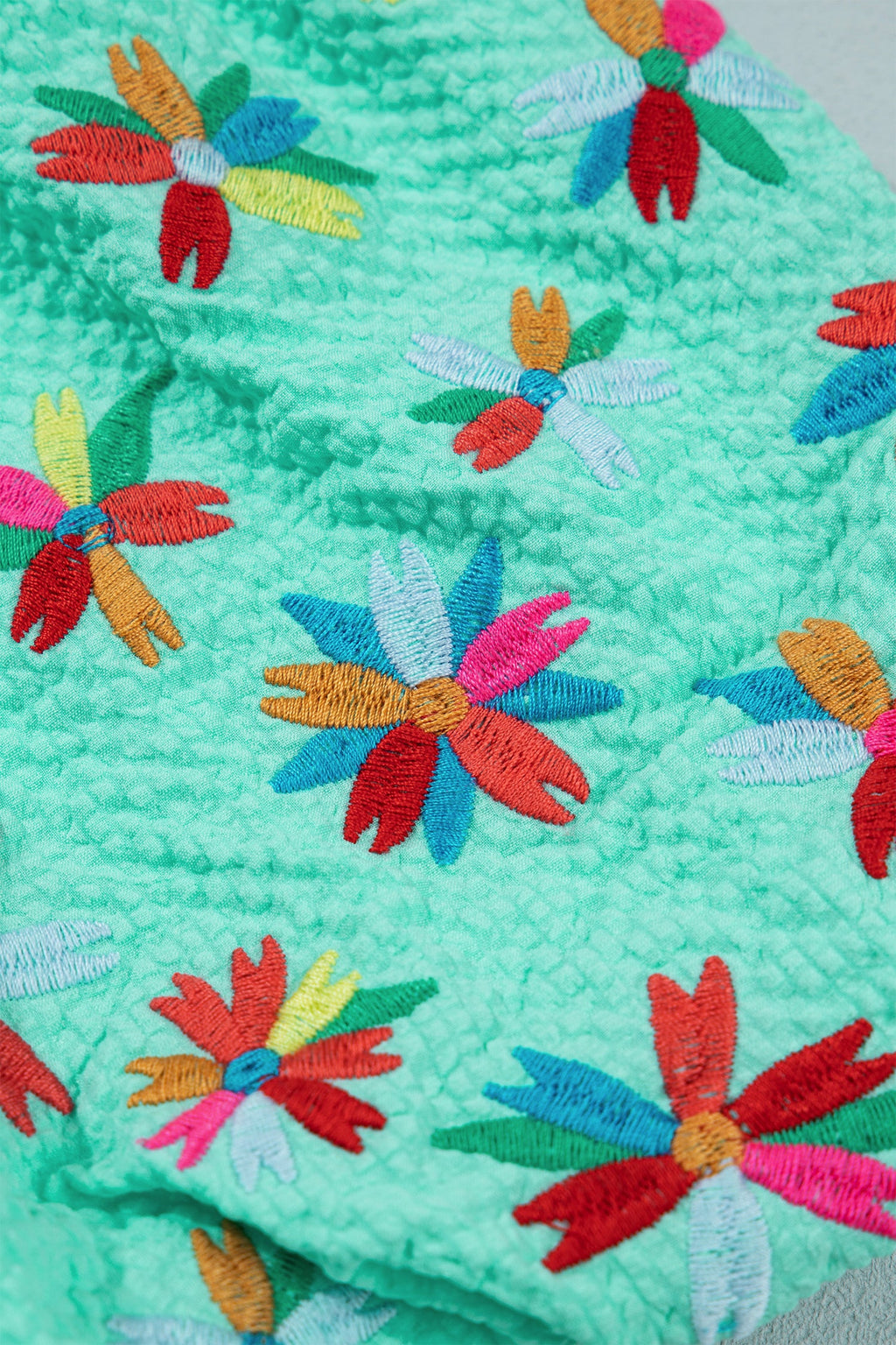 Flower Embroidered Puff Sleeve Frilled V-Neck Blouse