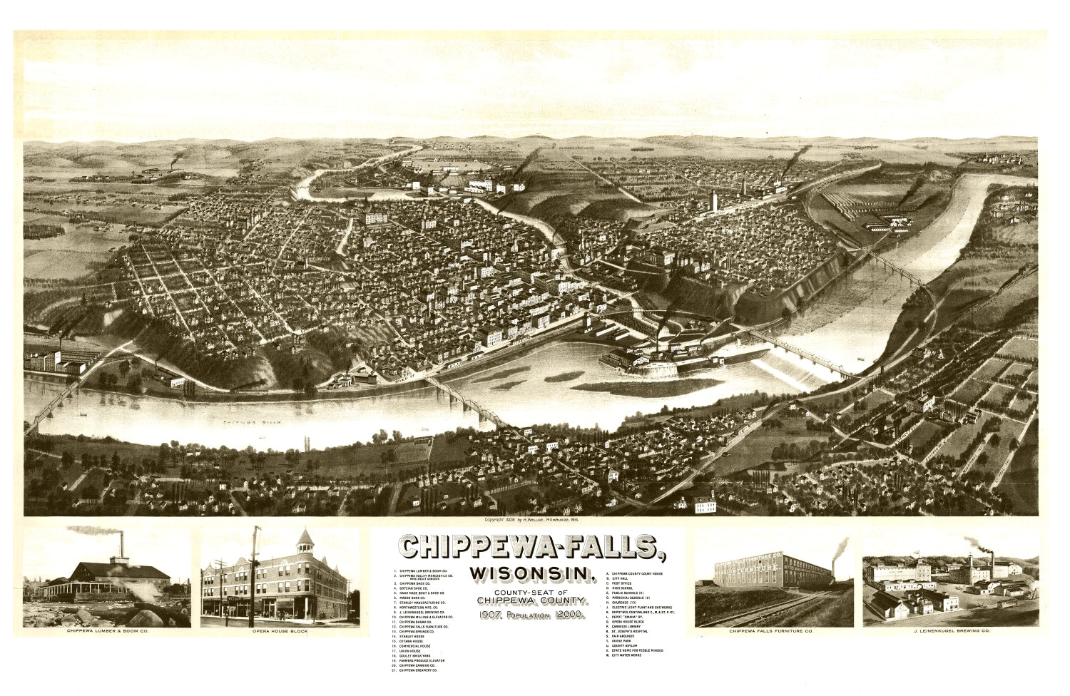Vintage Map of Chippewa Falls, Wisconsin 1906
