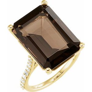 14K Yellow Gold Natural Smoky Quartz & 1/4 CTW Natural Diamond Ring