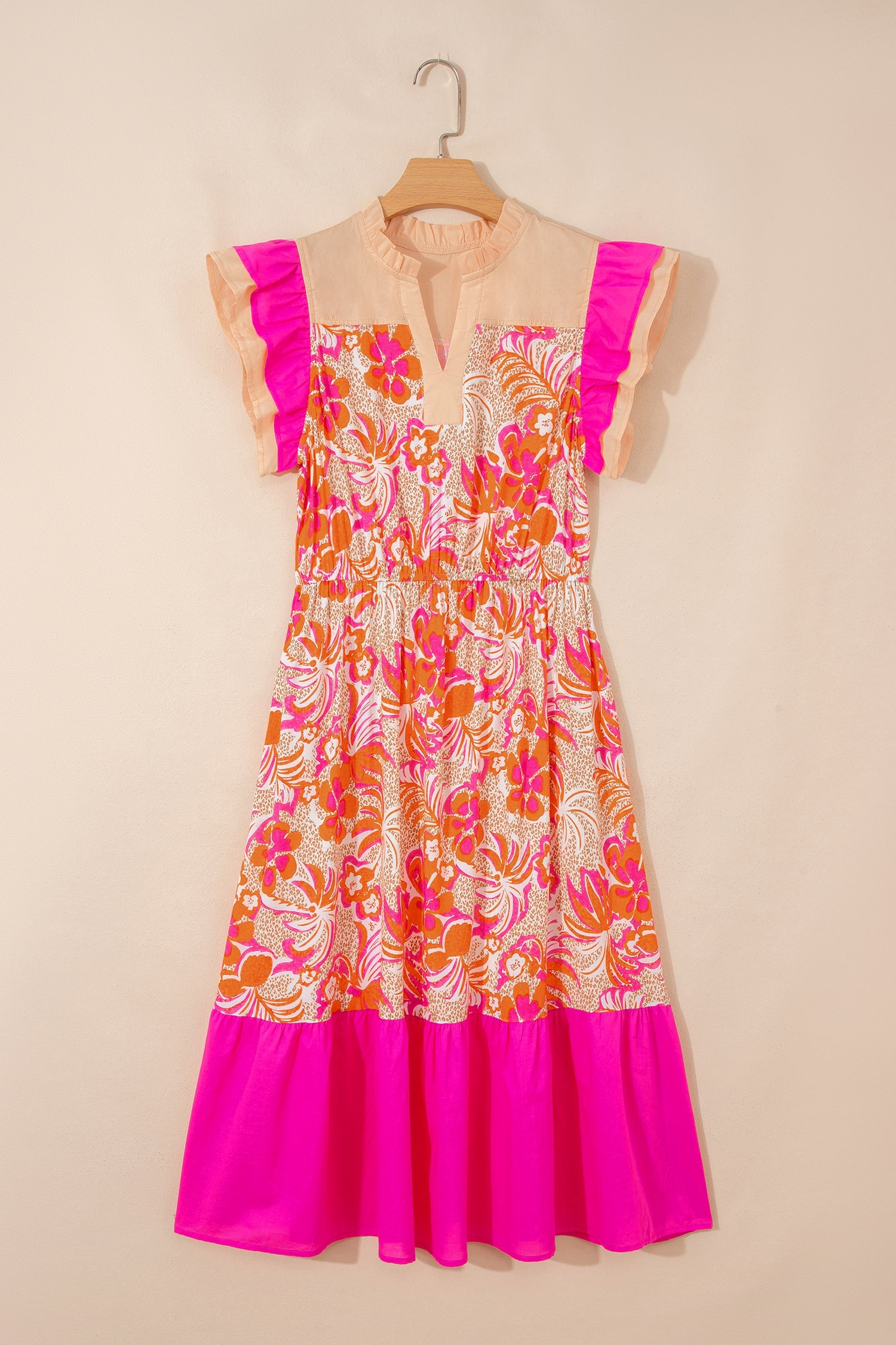 Floral Colorblock Ruffle Short Sleeve Midi Dress