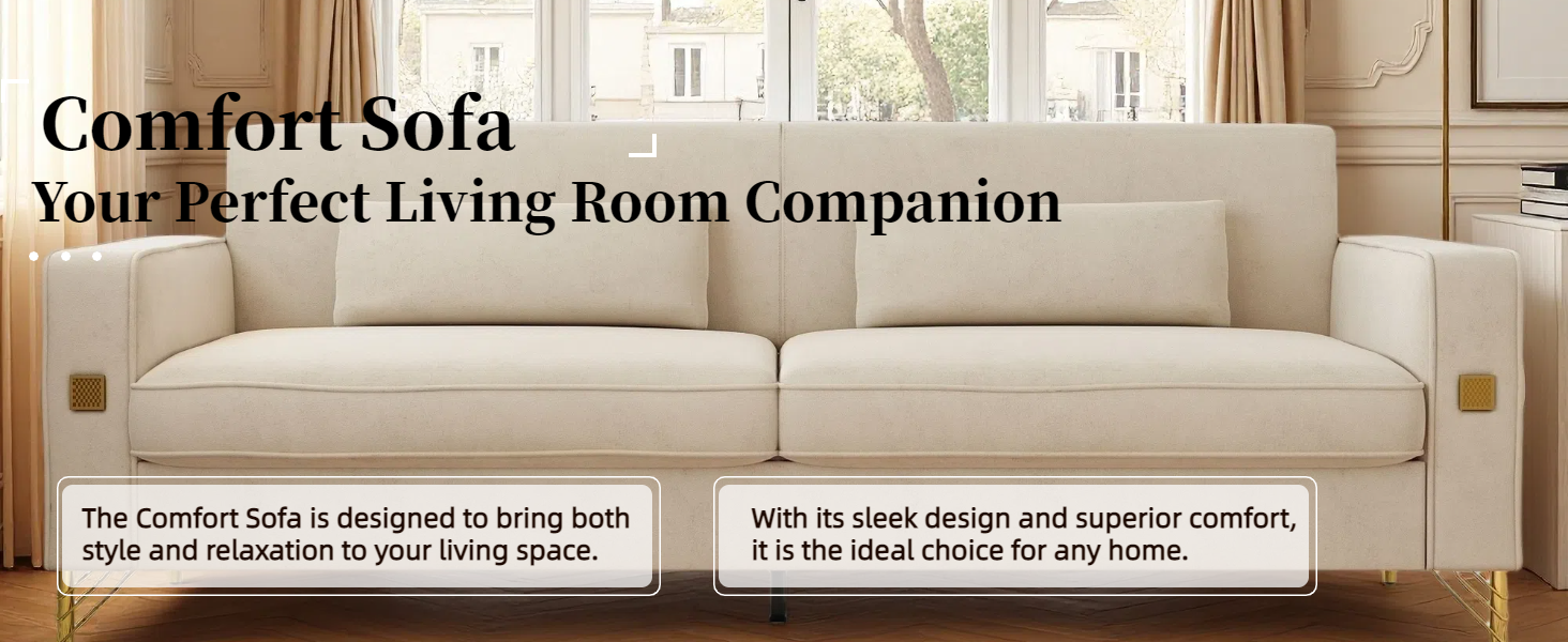 FX-P18-BE(SOFA)Modern Beige Sofa Couch for Living Room, 85.83' Upholstered 3-Seater Sofa with Metal Legs & Pillows, Minimalist Style