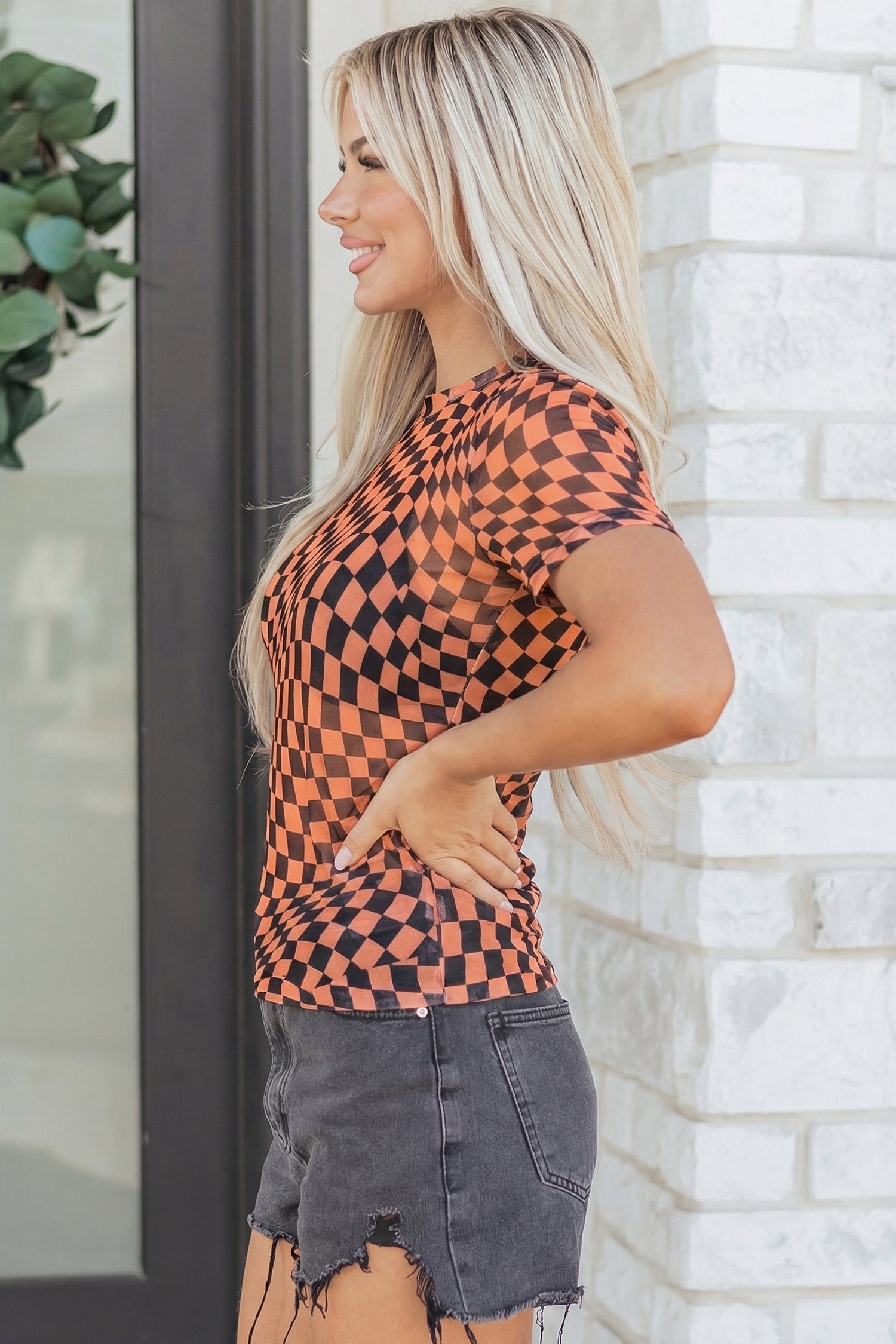 Checker Mesh Mock Neck Short Sleeve T-Shirt