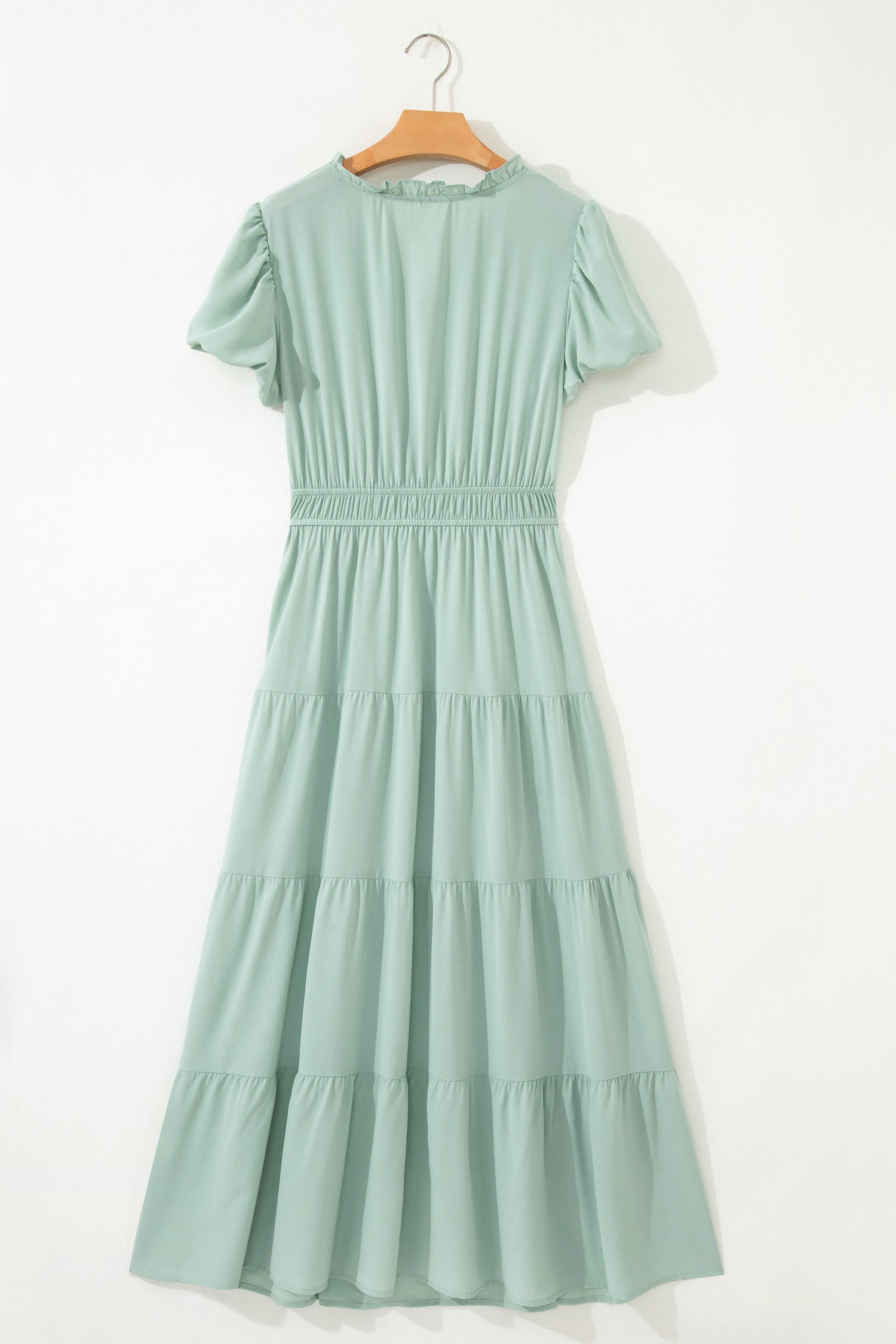 Solid V-Neck Short Puff Sleeve Tiered Maxi Dress